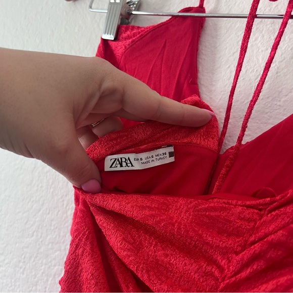 Zara Red Flower Jacquard Draped Ruched Dress Sz S - Picture 5 of 6